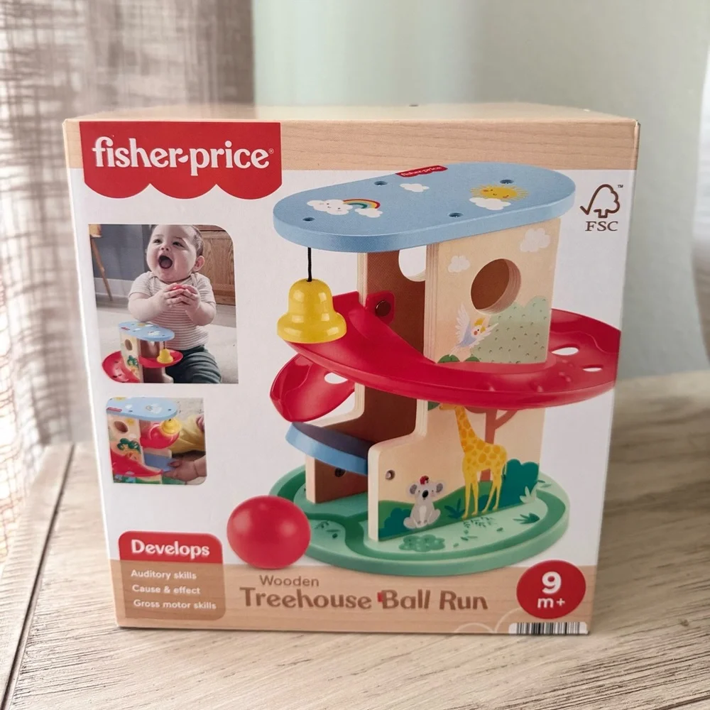 Fisher-Price Wood Baby Toy Treehouse Ball Run, 2-Piece Wooden Activity